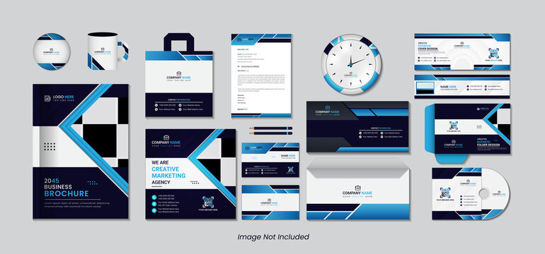 Stationary design set with blue and black color abstract shapes.