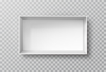 Box mock up top view with shadow isolated on transparent background. White 3d wall shelf template. Vector empty gift package, present or open container
