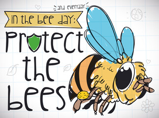 Cute Bee Drawing and Doodles Promoting World Bee Day, Vector Illustration