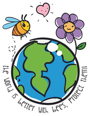 Cute Bee, Flower, Heart and Globe in Doodle Style, Vector Illustration