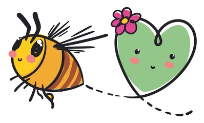 Fotobehang Bee and Heart with Flower Promoting Love for this Pollinators, Vector Illustration © Penwin
