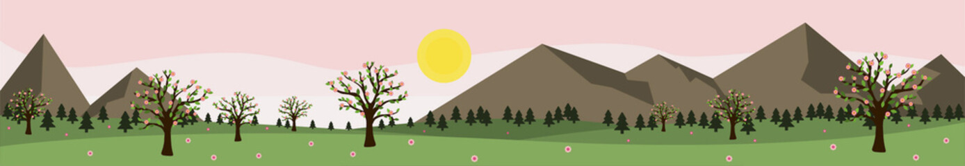 Pink sky on spring landscape with wild nature. Park for camping with green grass. Horizontal travel banner graphic design.