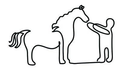 One line drawing of man have a hobby time.
One continuous line drawing ofman and horse.
