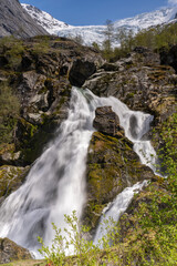  Kleivafossen near Briksdalsbreen, (Briksdal Glacier), one of the most accessible arms of the Jostedalsbreen Glacier in the municipality of Stryn in Vestland county, Norway.