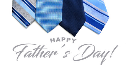 Fototapeta na wymiar A group of blue men's neckties with Father's Day greeting