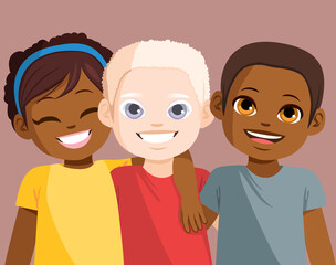 Happy smiling black albino kid together with friends