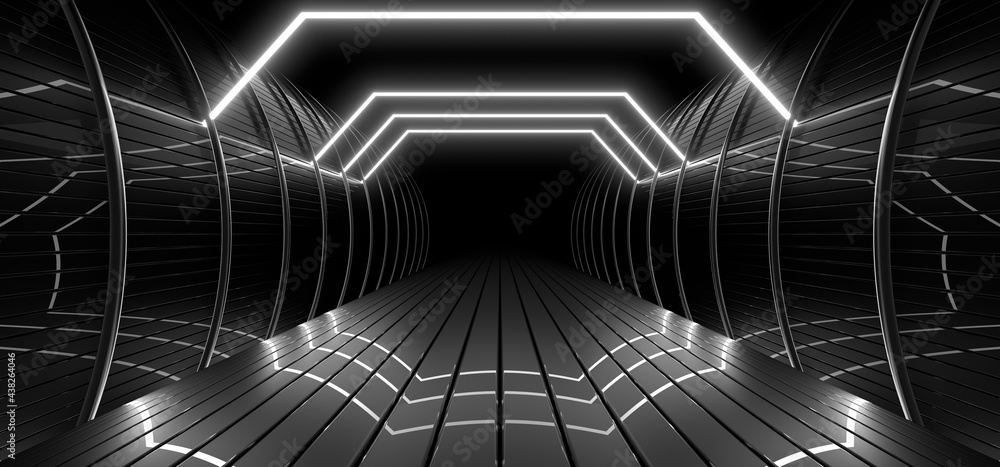 Poster a dark tunnel lit by white neon lights. reflections on the floor and walls. 3d rendering image.