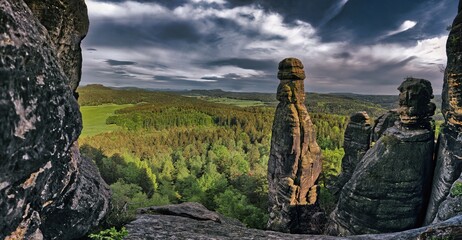 Wonderful view of the Barbariene, the virgin stone of Saxon Switzerland in Germany in the late afternoon sun 
