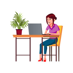 young woman chatting with client on laptop electronic gadget cartoon vector. young woman chatting with client on laptop electronic gadget character. isolated flat cartoon illustration