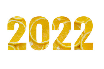 The inscription of the slices of orange 2022 on a white background. Summer concept