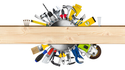 various hand working tools and buzz saw blade behind wooden plank with copy space isolated white...