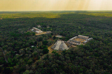 Pyramid of the Magician, in the Uxmal ancient Mayan city in Yucatan, Mexico. Aeriel view.