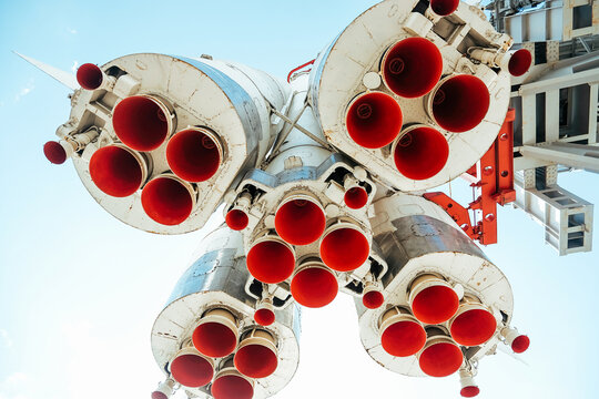 view of the rocket from below. red huge rocket turbines. museum in Moscow VDNH