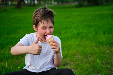 Boy eats ice cream while camping, lawn in the park
