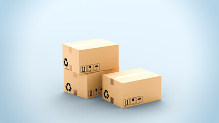 Cardboard boxes on blue background, logistics and delivery concept. 3D Rendering