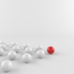 Leadership concept, red leader ball, standing out from the crowd of white balls. 3D Rendering