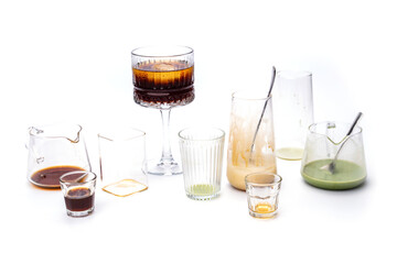 isolated used white drink glass on background, dirty waste from cafe bar, ecology recycling, empty bottle from garbage,  water beverage about pollution environment