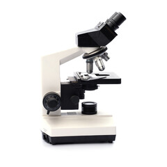 scientific microscope isolated on white background, laboratory equipment using for microbiology research, biology science technology education or biotechnology for medicine discovery