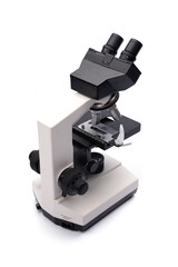scientific microscope isolated on white background, laboratory equipment using for microbiology research, biology science technology education or biotechnology for medicine discovery