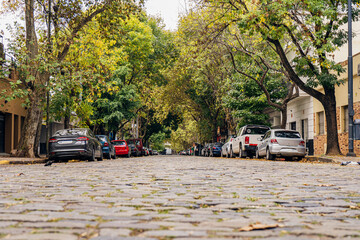 Panoramic of a cobblestone street in a traditional neighborhood in Buenos Aires, Argentina.