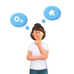 Young woman Jane thinking, searching idea, trying to find a solution. Brainstorming concept. 3d vector people character illustration.