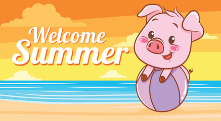 Fototapeta na wymiar cute pig hugging beach ball with a summer greeting banner.