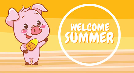 cute pig holding ice cream with a summer greeting banner.
