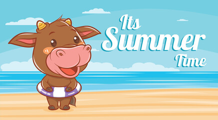 cute cow and swimming ring with a summer greeting banner.