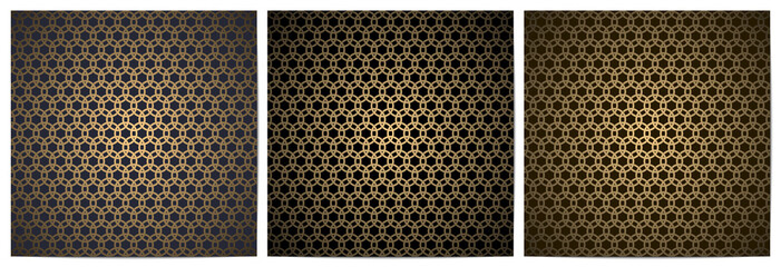  Set of abstract geometric seamless pattern with golden circle.Luxury of black,dark navy,and gold background.Design for decorative,wallpaper, clothing