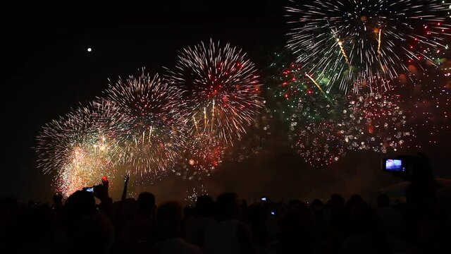 Reveillon New Years fireworks display along Copacabana Beach, Rio de Janeiro, Brazil