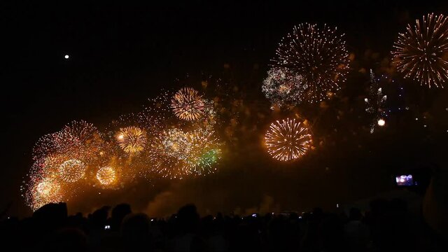 Reveillon New Years fireworks display along Copacabana Beach, Rio de Janeiro, Brazil