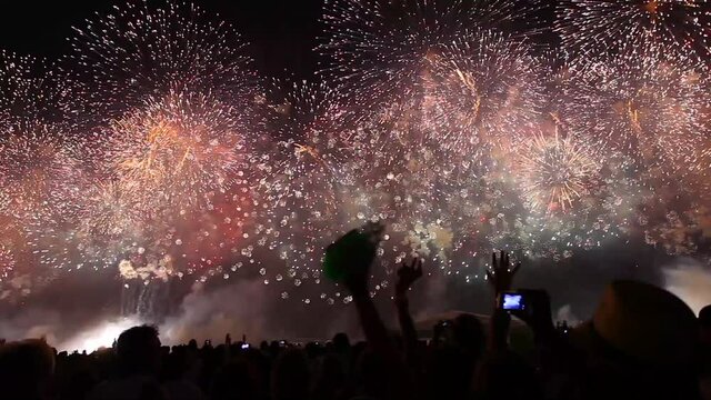 Reveillon New Years fireworks display along Copacabana Beach, Rio de Janeiro, Brazil