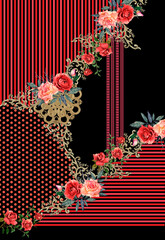 red and white background with flowers