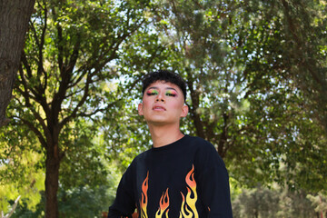 LGBT Gay model rainbow makeup and nails flame t-shirt