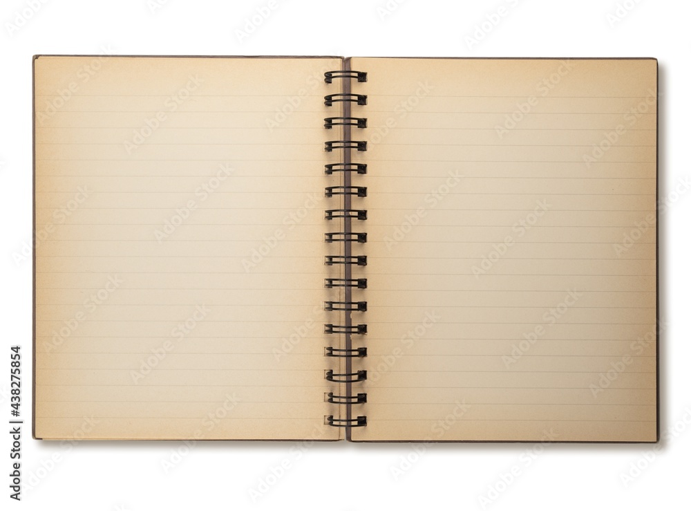 Wall mural Photo of an actually old note book with faded papers opened, isolated on white.