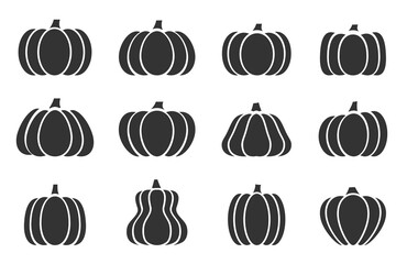 Pumpkin black silhouette glyph flat vector set with a transparent outline, can be used as a design element, room decoration or for a party. Harvesting and Halloween object. Labels and Stickers