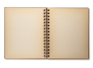 Photo of an actually old note book with faded papers opened, isolated on white.