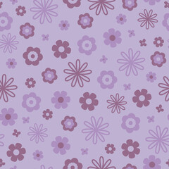 1960's and 1970's style inspired floral design. With lilac and mauve coloured cute, quirky retro illustrated flowers on a light purple background. Seamless vector repeating pattern texture.