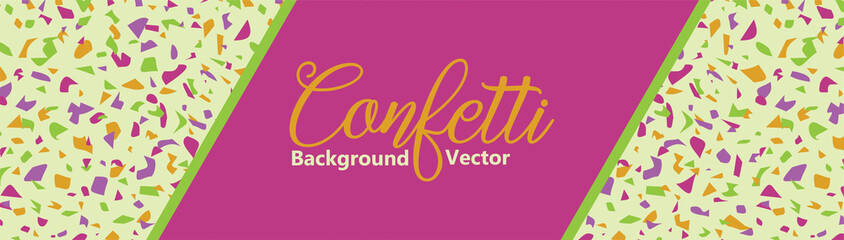 Confetti background vector pattern, colorful festive banner in terrazzo style mosaic design in lime green yellow gold orange and pink, birthday party or congratulations design elements.