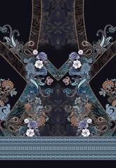 flowers geometric design blue print 