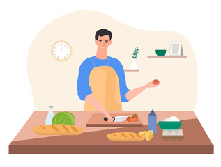 Happy male character is cooking a dish in the kitchen wearing apron