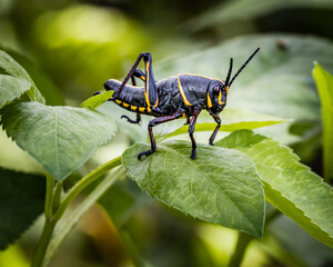 Black and Yellow Grasshopper On a Leaf