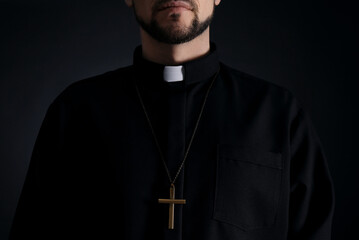 Priest wearing cassock with clerical collar on dark background, closeup - obrazy, fototapety, plakaty