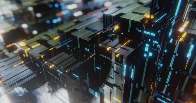 Abstract server cyber city, futuristic sci-fi circuit board processing data and code. Data coding and decoding as motion in the form of blocks and lines. 4K loop, 3D rendering