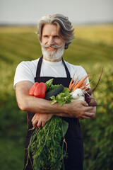 Senior with box vegetables garden background sunse