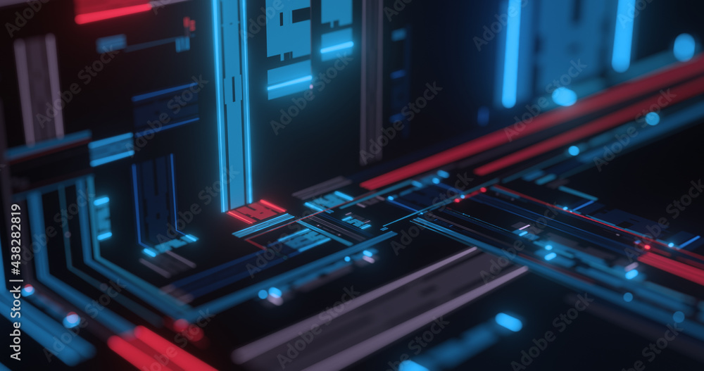 Poster simple geometric forms. blue, red rectangular shapes and lines. 3d rendering