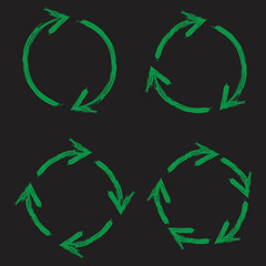 green circles arrows on black background. Recycling icon. Rotation arrow sign. Vector illustration. Stock image.