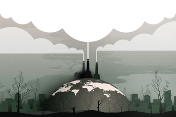 Industry chimney pollution with smoke in environment.Global warming and climate change concept.Environment landing page website template background.