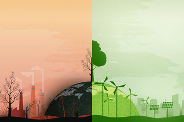 Global warming and climate change concept.Half world of polluted and green environment background.Paper art of ecology and environment concept.Vector illustration. - obrazy, fototapety, plakaty