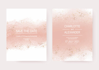 Wedding invitation templates with peach watercolor brush stroke and gold confetti. - Powered by Adobe